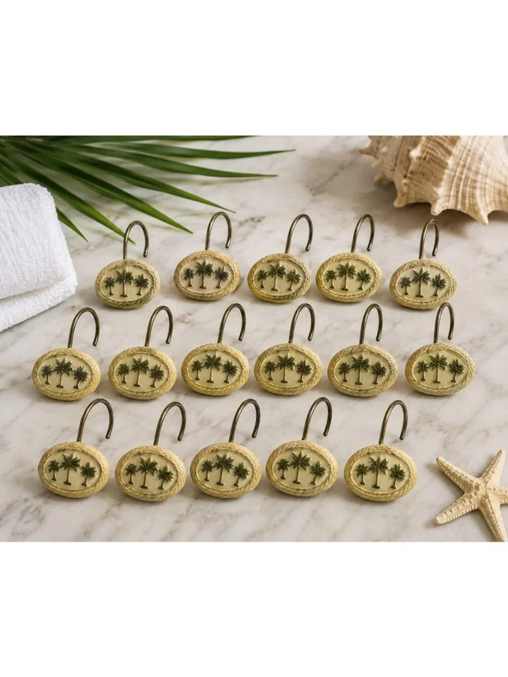 15 Palm Tree Shower Curtain Hooks Resin Gold Tone Tropical Coastal Bathroom
